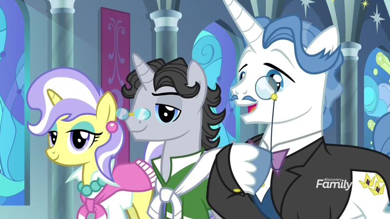 Size: 1920x1080 | Tagged: safe, derpibooru import, screencap, fancypants, jet set, upper crust, pony, between dark and dawn, discovery family logo, ear piercing, earring, glasses, jewelry, monocle, neckerchief, necklace, piercing