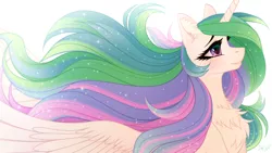 Size: 1920x1080 | Tagged: safe, artist:vird-gi, derpibooru import, princess celestia, alicorn, pony, beautiful, chest fluff, crying, ear fluff, female, flowing mane, mare, smiling, solo, spread wings, tears of joy, wings