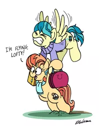 Size: 1663x2100 | Tagged: safe, artist:bobthedalek, derpibooru import, aunt holiday, auntie lofty, earth pony, pegasus, pony, the last crusade, bag, bags, cute, dialogue, dirt, dragging, eyes closed, female, flying, gritted teeth, handbag, happy, hoof hold, lesbian, lofty day, mare, open mouth, purse, shipping, simple background, smiling, straining, suitcase, white background