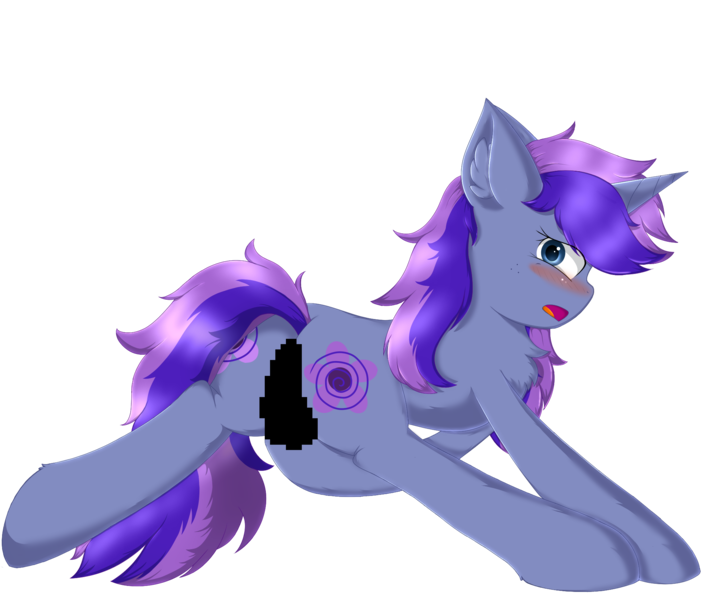 Size: 2000x1700 | Tagged: questionable, artist:gleamyvision, derpibooru import, oc, oc:violet swirl, pony, unicorn, blushing, censored, clopping, female, fluffy, looking back, mare, medibang paint, open mouth, solo