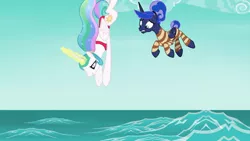 Size: 1920x1080 | Tagged: safe, derpibooru import, screencap, princess celestia, princess luna, alicorn, pony, between dark and dawn, barehoof, bikini, clothes, confident, diving, duo, female, glowing horn, hair bun, horn, magic, magic aura, mare, ocean, ponytail, red swimsuit, royal sisters, siblings, sisters, striped swimsuit, swimsuit, tail bun, water, worried