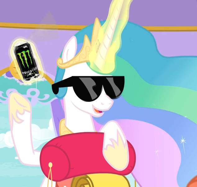 Size: 1141x1079 | Tagged: safe, derpibooru import, edit, edited screencap, screencap, princess celestia, alicorn, pony, between dark and dawn, boomer, cloud, cropped, meme, monster energy, sleeping bag, solo, sunglasses, window