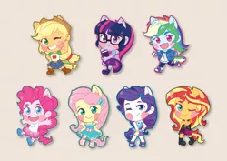 Size: 4961x3508 | Tagged: safe, artist:kalthedestroyer, derpibooru import, applejack, fluttershy, pinkie pie, rainbow dash, rarity, sci-twi, sunset shimmer, twilight sparkle, equestria girls, equestria girls series, blush sticker, blushing, boots, chibi, clothes, colored pupils, converse, cowboy boots, cowboy hat, cute, cute little fangs, dashabetes, diapinkes, fangs, female, hat, humane five, humane seven, humane six, jackabetes, looking at you, ponied up, raribetes, scitwilicorn, shimmerbetes, shoes, shyabetes, skirt, smiling, sneakers, twiabetes