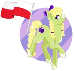 Size: 1280x1233 | Tagged: safe, artist:pokeponyeq, derpibooru import, oc, oc:apple pattern, earth pony, pony, bow, deviantart watermark, female, flag, hair bow, mare, obtrusive watermark, offspring, parent:applejack, parent:trenderhoof, parents:trenderjack, poland, solo, watermark