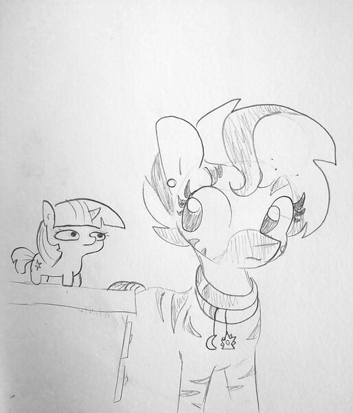 Size: 1440x1681 | Tagged: safe, artist:tjpones, derpibooru import, twilight sparkle, oc, pony, unicorn, zebra, chubbie, duo, ear piercing, female, grayscale, mare, monochrome, pencil drawing, piercing, simple background, smol, this will end in racism, tiny, tiny ponies, traditional art, twiggie, unicorn twilight, zebra oc