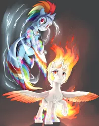 Size: 3300x4200 | Tagged: safe, artist:silfoe, derpibooru import, rainbow dash, twilight sparkle, twilight sparkle (alicorn), alicorn, pegasus, pony, fanfic:the tomb of the nameless evil, armor, colored wings, colored wingtips, commission, duo, electric dash, fanfic art, female, fire, lightning, mane of fire, multicolored wings, rainbow power, rainbow power rainbow dash, rainbow power twilight sparkle, rainbow wings, rapidash twilight, ultimate twilight, wings