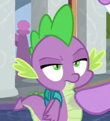 Size: 423x465 | Tagged: alicorn, cropped, derpibooru import, dragon, male, offscreen character, safe, school raze, screencap, spike, spike is not amused, tail, twilight sparkle, twilight sparkle (alicorn), unamused, winged spike