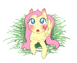 Size: 1222x999 | Tagged: safe, artist:cometsoundfirenote, derpibooru import, fluttershy, pegasus, pony, the cutie mark chronicles, amazed, blushing, chest fluff, cute, eye reflection, female, folded wings, full face view, grass, looking up, mare, open mouth, prone, rainbow, reflection, scene interpretation, shyabetes, simple background, solo, transparent background, weapons-grade cute, wings