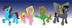 Size: 8816x3424 | Tagged: safe, artist:miipack603, derpibooru import, oc, oc:emily flutterheart, oc:jacob braveheart, oc:jenna flashstrike, oc:john darkblaze, pegasus, pony, unicorn, spoiler:g5, amputee, artificial wings, augmented, female, fetlock tuft, g5, horn, male, mare, mechanical wing, pegasus oc, prosthetic limb, prosthetic wing, prosthetics, simple background, stallion, standing, unicorn oc, wing brace, wings