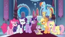 Size: 1366x768 | Tagged: safe, derpibooru import, screencap, applejack, fluttershy, pinkie pie, rainbow dash, rarity, spike, twilight sparkle, twilight sparkle (alicorn), alicorn, dragon, earth pony, pegasus, pony, unicorn, between dark and dawn, angry, banner, canterlot castle, canterlot throne room, carpet, discovery family logo, female, flying, male, mane seven, mane six, mare, scroll, stained glass, throne, throne room, upset, window, winged spike