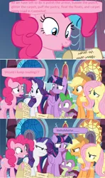 Size: 1366x2314 | Tagged: alicorn, angry, applejack, between dark and dawn, canterlot castle, comic, derpibooru import, discovery family logo, dragon, edit, edited screencap, fluttershy, nervous laugh, pinkie pie, rarity, reading, safe, screencap, screencap comic, scroll, spike, stained glass, twilight sparkle, twilight sparkle (alicorn), unamused, upset, window, winged spike