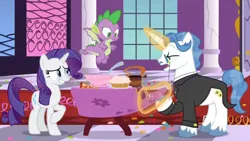 Size: 1366x768 | Tagged: between dark and dawn, bowl, column, derpibooru import, dragon, flying, food, grin, hat, ladle, levitation, magic, monocle, nervous, nervous grin, party hat, rarity, safe, screencap, smiling, spike, table, tablecloth, telekinesis, window, winged spike