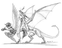 Size: 1400x1076 | Tagged: safe, artist:baron engel, derpibooru import, oc, oc:growler, oc:squall, unofficial characters only, dragon, pony, clothes, fight, grayscale, kick, monochrome, pencil drawing, simple background, story in the source, story included, traditional art, vertical split, white background