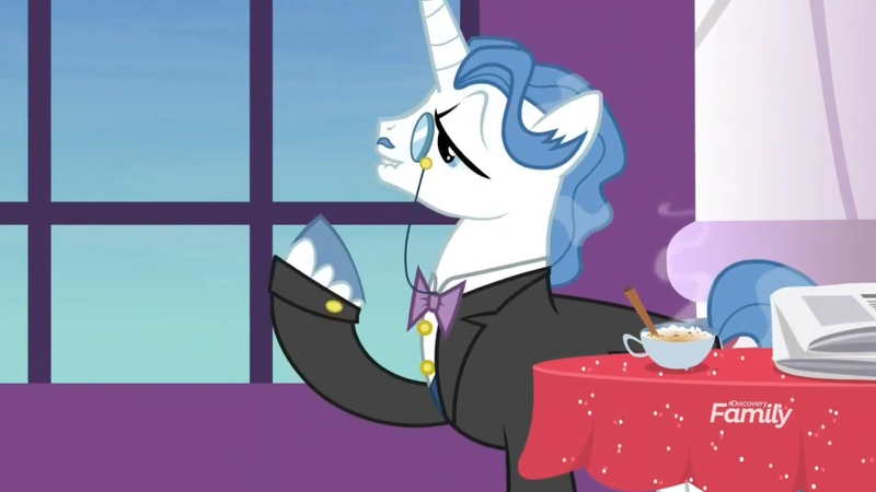 Size: 1366x768 | Tagged: safe, derpibooru import, screencap, fancypants, pony, unicorn, between dark and dawn, bowtie, clothes, cup, food, hot coco, lidded eyes, male, monocle, newspaper, noble, solo, stallion, steam, suit, table, tablecloth, tea, teacup, tuxedo, unshorn fetlocks, window