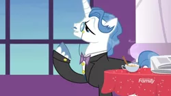 Size: 1366x768 | Tagged: safe, derpibooru import, screencap, fancypants, pony, unicorn, between dark and dawn, bowtie, clothes, cup, food, hot coco, lidded eyes, male, monocle, newspaper, noble, solo, stallion, steam, suit, table, tablecloth, tea, teacup, tuxedo, unshorn fetlocks, window