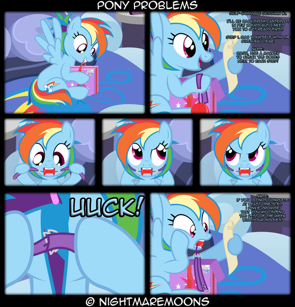 Size: 4000x4156 | Tagged: suggestive, artist:nightmaremoons, derpibooru import, rainbow dash, twilight sparkle, pegasus, pony, alternate hairstyle, ballgag, comic, female, gag, lesbian, shipping, show accurate, show accurate porn, twidash