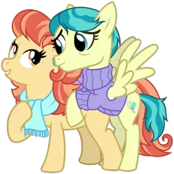 Size: 3200x3200 | Tagged: safe, artist:cheezedoodle96, derpibooru import, aunt holiday, auntie lofty, earth pony, pegasus, pony, the last crusade, .svg available, clothes, couple, eye contact, female, hoof on chest, hug, lesbian, lofty day, looking at each other, mare, rearing, scarf, shipping, simple background, spread wings, svg, sweater, transparent background, vector, wings