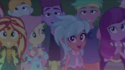 Size: 2731x1537 | Tagged: safe, derpibooru import, screencap, cheerilee, duke suave, fluttershy, frosty orange, fry lilac, raspberry lilac, sunset shimmer, equestria girls, equestria girls series, the last drop, the last drop: big macintosh, spoiler:choose your own ending (season 2), spoiler:eqg series (season 2), background human, female, geode of empathy, magical geodes, male, offscreen character