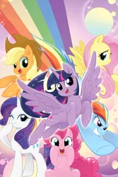 Size: 2107x3160 | Tagged: safe, derpibooru import, seven seas, applejack, fluttershy, pinkie pie, rainbow dash, rarity, twilight sparkle, twilight sparkle (alicorn), alicorn, earth pony, pegasus, pony, unicorn, my little pony: the manga, my little pony: the manga volume 1, spoiler:manga, spoiler:manga1, cute, dashabetes, diapinkes, flying, jackabetes, looking at you, mane six, manga, one eye closed, open mouth, rainbow, raribetes, shyabetes, twiabetes