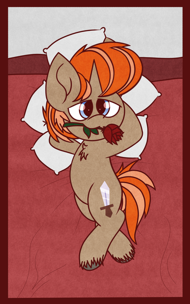 Size: 1200x1920 | Tagged: safe, artist:thebadbadger, derpibooru import, oc, oc:cotten ripstop, pony, unicorn, arm behind head, flower, flower in mouth, mouth hold, on back, pillow, rose, rose in mouth, unshorn fetlocks