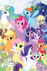 Size: 2107x3160 | Tagged: safe, derpibooru import, seven seas, angel bunny, apple bloom, applejack, derpy hooves, discord, fluttershy, gummy, opalescence, pinkie pie, princess celestia, princess luna, rainbow dash, rarity, scootaloo, spike, starlight glimmer, sweetie belle, tank, trixie, twilight sparkle, twilight sparkle (alicorn), winona, alicorn, alligator, cat, dog, draconequus, dragon, earth pony, pegasus, pony, rabbit, tortoise, unicorn, my little pony: the manga, my little pony: the manga volume 1, spoiler:manga, spoiler:manga1, adorabloom, angelbetes, animal, apple bloom's bow, applejack's hat, bipedal, bow, cape, clothes, cowboy hat, crown, cute, cutealoo, cutie mark crusaders, dashabetes, derpabetes, diapinkes, diasweetes, discute, female, filly, food, freckles, glimmerbetes, gummybetes, hair bow, hat, heart eyes, implied shipping, implied sparity, implied straight, in love, jackabetes, jewelry, looking at you, male, mane seven, mane six, mare, muffin, not amused face, one eye closed, opalbetes, opalescence is not amused, open mouth, pet six, raribetes, regalia, shipping, shyabetes, smiling, sparity, spikabetes, stetson, straight, tankabetes, trixie's cape, trixie's hat, twiabetes, wingding eyes, wink, winonabetes