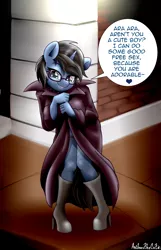 Size: 2226x3462 | Tagged: suggestive, artist:anibaruthecat, derpibooru import, oc, oc:tinker doo, unofficial characters only, anthro, unicorn, ara ara, boots, clothes, coat, dialogue, female, glasses, implied foalcon, implied sex, prostitute, prostitution, reference, rule 63, shoes, solo, solo female, thigh boots