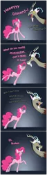 Size: 2020x7414 | Tagged: safe, artist:grievousfan, derpibooru import, discord, pinkie pie, draconequus, earth pony, pony, anti-humor, bait and switch, colored hooves, comic, dialogue, duo, female, gray background, joke, male, mare, pun, raised hoof, simple background