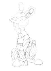Size: 1449x1998 | Tagged: safe, artist:settop, derpibooru import, oc, oc:blackjack, cyborg, pony, unicorn, fallout equestria, fallout equestria: project horizons, alcohol, fanfic art, glowing horn, horn, lineart, magic, queen whiskey, simple background, sketch, solo, telekinesis, whiskey, white background, wild pegasus