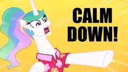 Size: 1366x768 | Tagged: alternate hairstyle, angry, artist:supra80, between dark and dawn, calm down, clothes, derpibooru import, discovery family logo, edit, edited screencap, hawaiian shirt, meme, pointing, ponytail, princess celestia, rage, safe, screencap, shirt, simple background, solo, text, yelling, yellow background