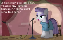 Size: 924x594 | Tagged: safe, derpibooru import, edit, edited screencap, screencap, maud pie, earth pony, pony, the maud couple, cropped, joke, maud the comedian, microphone, pun, speech, spotlight, talking