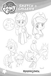 Size: 2107x3160 | Tagged: safe, derpibooru import, seven seas, applejack, earth pony, pony, my little pony: the manga, my little pony: the manga volume 1, spoiler:manga, spoiler:manga1, apple, applejack's hat, cowboy hat, cute, cutie mark, element of honesty, food, hat, jackabetes, lineart, looking at you, monochrome, sketch gallery, squee