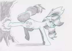 Size: 1592x1143 | Tagged: safe, artist:saturdaymorningproj, derpibooru import, applejack, earth pony, pony, applebucking, female, looking at you, mare, monochrome, pencil drawing, simple background, sketch, solo, traditional art, tree, white background