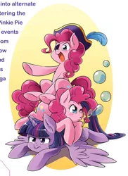 Size: 1355x1860 | Tagged: safe, derpibooru import, seven seas, pinkie pie, twilight sparkle, twilight sparkle (alicorn), alicorn, earth pony, pony, my little pony: the manga, my little pony: the manga volume 1, spoiler:manga, spoiler:manga1, blowing bubbles, bubble, cute, duality, eyepatch, hat, pinkie pirate, pirate, pirate hat, pirate pinkie pie, pony pile, self ponidox, sitting on, sitting on pony, twilight is not amused, unamused