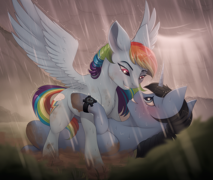 Size: 2600x2200 | Tagged: safe, artist:evehly, derpibooru import, rainbow dash, oc, oc:night rain, pegasus, pony, unicorn, blushing, canon x oc, cloud, dashrain, duo, fanfic art, female, grass, lidded eyes, looking at each other, male, mud, nervous, outdated design, pinned, rain, raincloud, smiling, spread wings, stallion, sunlight, watch, wings, wristwatch