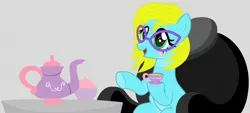 Size: 2560x1152 | Tagged: artist needed, safe, derpibooru import, oc, oc:lana, earth pony, pony, base used, female, filly, glasses, solo, tea party, tea time, teenager