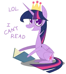 Size: 1957x2198 | Tagged: safe, artist:grievousfan, derpibooru import, twilight sparkle, twilight sparkle (alicorn), alicorn, pony, the maud couple, book, crown, female, i never learned to read, jewelry, lol, long neck, mare, out of character, pacman eyes, regalia, simple background, solo, transparent background