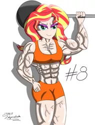 Size: 2400x3160 | Tagged: suggestive, artist:lyruzlavh, derpibooru import, sunset shimmer, human, equestria girls, abs, biceps, bodybuilder, breasts, clothes, female, fetish, midriff, muscle fetish, muscles, muscular female, shorts, simple background, solo, sports bra, sports shorts, sunset lifter, vein, white background, workout, workout outfit