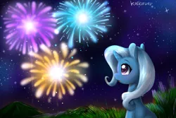 Size: 3000x2000 | Tagged: safe, artist:kaikururu, derpibooru import, trixie, pony, unicorn, cute, diatrixes, female, fireworks, high res, lavender, looking at something, mare, night, profile, sitting, solo, starry eyes, stars, wingding eyes