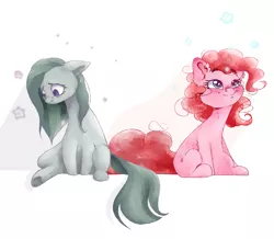 Size: 5000x4365 | Tagged: safe, artist:colorochka, derpibooru import, marble pie, pinkie pie, earth pony, pony, duo, ear fluff, female, flower, leg fluff, mare, pie sisters, pie twins, sad, siblings, simple background, sisters, sitting, smiling, twin sisters, twins, white background