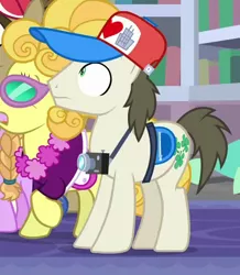 Size: 430x492 | Tagged: safe, derpibooru import, screencap, amber locks, fortune favors, lemon chiffon, earth pony, pony, molt down, background pony, baseball cap, camera, cap, cropped, fanny pack, female, filly, hat, library, male, mare, stallion