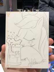 Size: 1536x2048 | Tagged: safe, artist:andypriceart, derpibooru import, applejack, earth pony, pony, cider, cowboy hat, eyes closed, female, hat, hoof hold, mare, pencil drawing, solo, traditional art