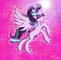 Size: 3350x3300 | Tagged: safe, artist:lyruzlavh, derpibooru import, starlight glimmer, alicorn, pony, abstract background, alicornified, eyelashes, eyes closed, eyeshadow, flying, horn, magic, makeup, race swap, smiling, solo, starlicorn, wings, xk-class end-of-the-world scenario