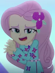 Size: 722x965 | Tagged: safe, derpibooru import, screencap, fluttershy, equestria girls, equestria girls series, the last drop, the last drop: fluttershy, spoiler:choose your own ending (season 2), spoiler:eqg series (season 2), clothes, cropped, dress, female, flower, hairclip, lidded eyes, long sleeves, outdoors, rawr, rose, solo, waistband
