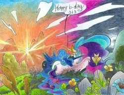 Size: 1280x983 | Tagged: safe, artist:leavingcrow, derpibooru import, princess celestia, princess luna, pony, birthday, celestia day, colored pencil drawing, dawn, ethereal mane, eyes closed, female, flower, mare, royal sisters, siblings, sisters, speech bubble, starry mane, sunrise, traditional art