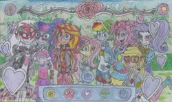 Size: 1884x1121 | Tagged: safe, artist:nephilim rider, derpibooru import, applejack, fluttershy, pinkie pie, rainbow dash, rarity, sci-twi, sunset shimmer, twilight sparkle, oc, oc:heaven lost, equestria girls, equestria girls series, festival filters, spoiler:eqg series (season 2), humane five, humane seven, humane six, traditional art