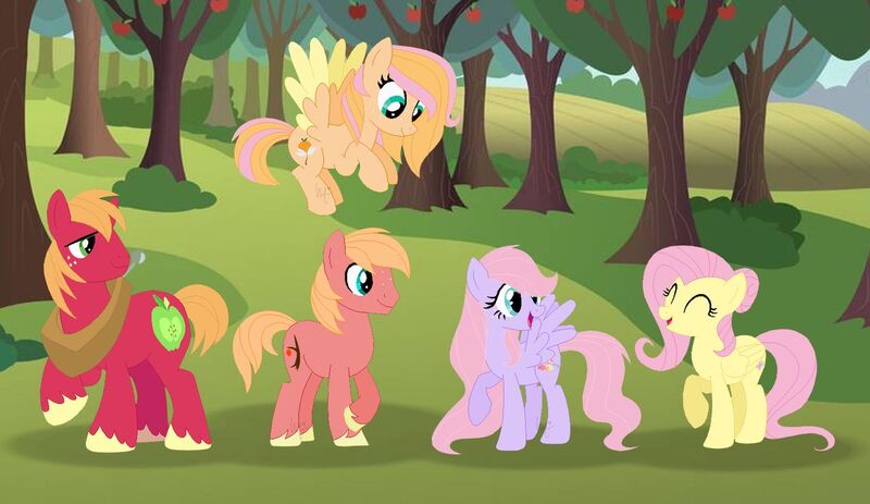 Size: 1280x741 | Tagged: safe, artist:wispyaxolotl, derpibooru import, big macintosh, fluttershy, oc, oc:jonagold, oc:lily, oc:orange orchard, earth pony, pegasus, pony, alternate hairstyle, base used, family, female, fluttermac, freckles, male, mare, offspring, parent:big macintosh, parent:fluttershy, parents:fluttermac, shipping, stallion, straight, unshorn fetlocks