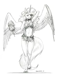 Size: 1000x1307 | Tagged: alicorn, anthro, armpits, artist:baron engel, belly button, breasts, busty princess celestia, clothes, collar, cotton candy, daisy dukes, derpibooru import, female, grayscale, looking at you, mare, midriff, monochrome, panties, pencil drawing, praise the sun, princess celestia, safe, shorts, simple background, solo, tanktop, thong, traditional art, underwear, unguligrade anthro, white background