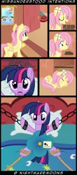Size: 2200x5000 | Tagged: suggestive, artist:nightmaremoons, derpibooru import, fluttershy, rainbow dash, twilight sparkle, pegasus, pony, unicorn, alternate hairstyle, bed, bondage, chains, comic, female, femsub, flower, flower in hair, golden oaks library, horn, horn ring, image, lesbian, magic suppression, pillow, png, ring, rope, self bondage, shackles, shipping, show accurate, show accurate porn, submissive, twidash, twisub