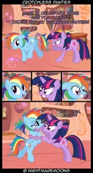 Size: 4200x7800 | Tagged: suggestive, artist:nightmaremoons, derpibooru import, rainbow dash, twilight sparkle, pegasus, pony, unicorn, alternate hairstyle, blushing, bondage, cloth gag, clothes, comic, dashsub, dialogue, featureless crotch, female, femsub, gag, golden oaks library, lesbian, magical bondage, panties, panties in mouth, panty gag, shipping, show accurate, show accurate porn, submissive, tail, tail pull, twidash, twidom, underwear