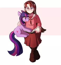 Size: 1280x1382 | Tagged: safe, artist:lupeylycan, derpibooru import, twilight sparkle, human, pony, unicorn, abstract background, anime, azumanga daioh, beanbrows, book, crossover, duo, eye clipping through hair, eyebrows, mizuhara koyomi, unicorn twilight, white pupils